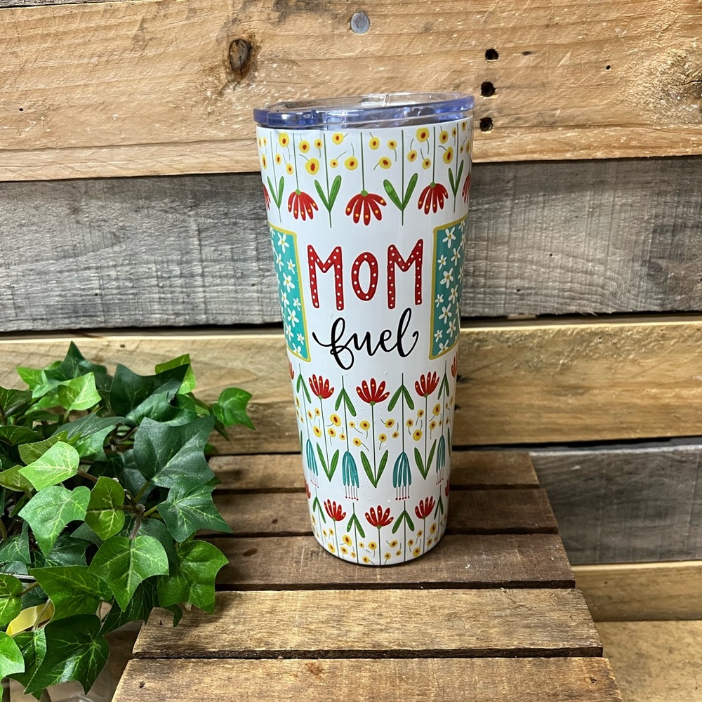 Double Wall Stainless Steel Insulated Floral Drink Travel Tumbler “ Mom Fuel”